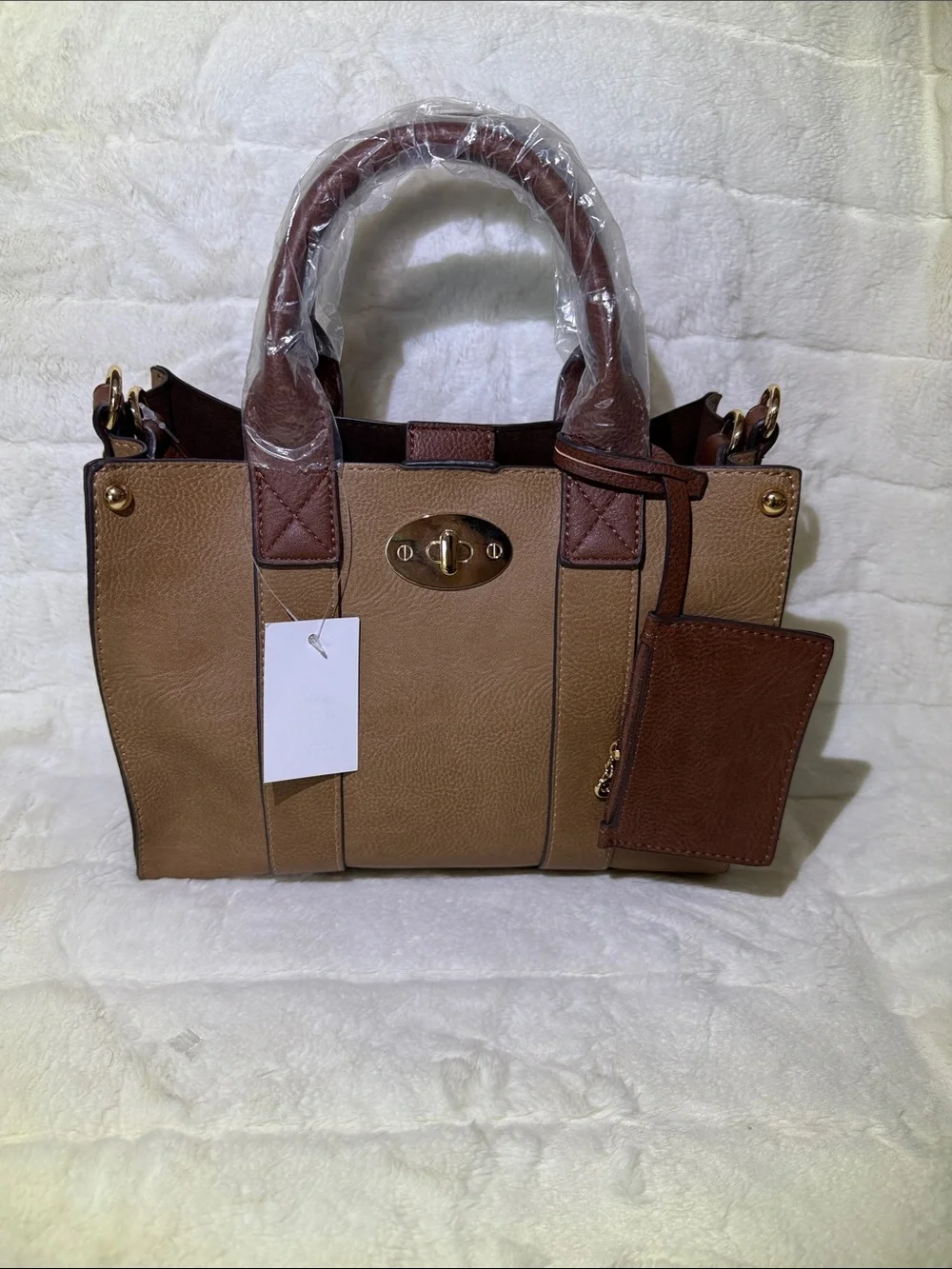 Tan & Brown Structured Tote Bag with snap in pouch and crossbody strap